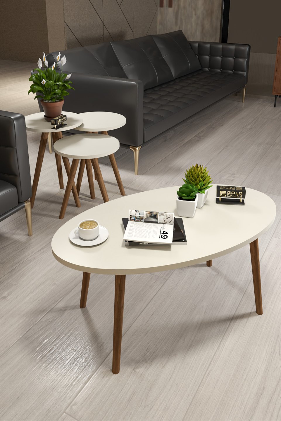 Set di tavolini ellittici con gambe tornite – Écru