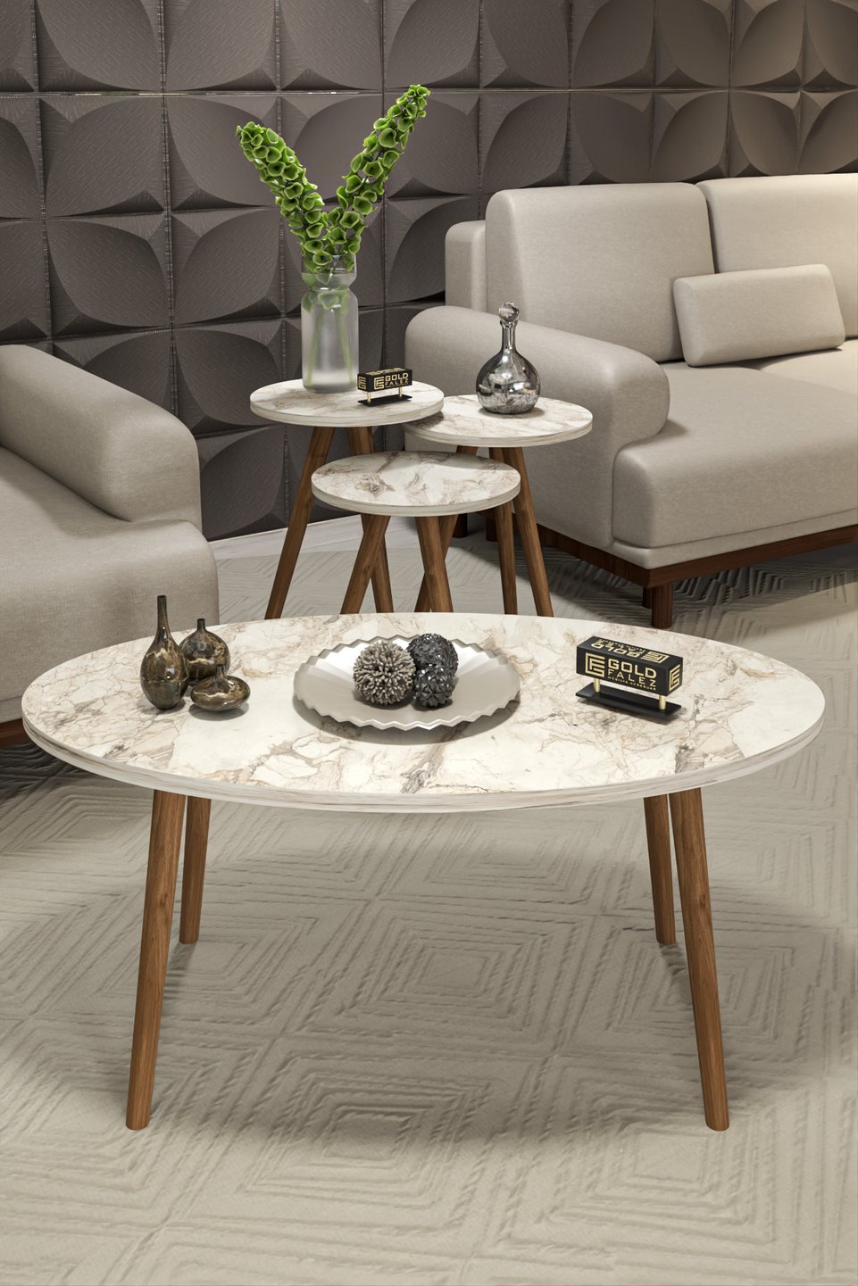 Set di tavolini ellittici con gambe tornite – Beige