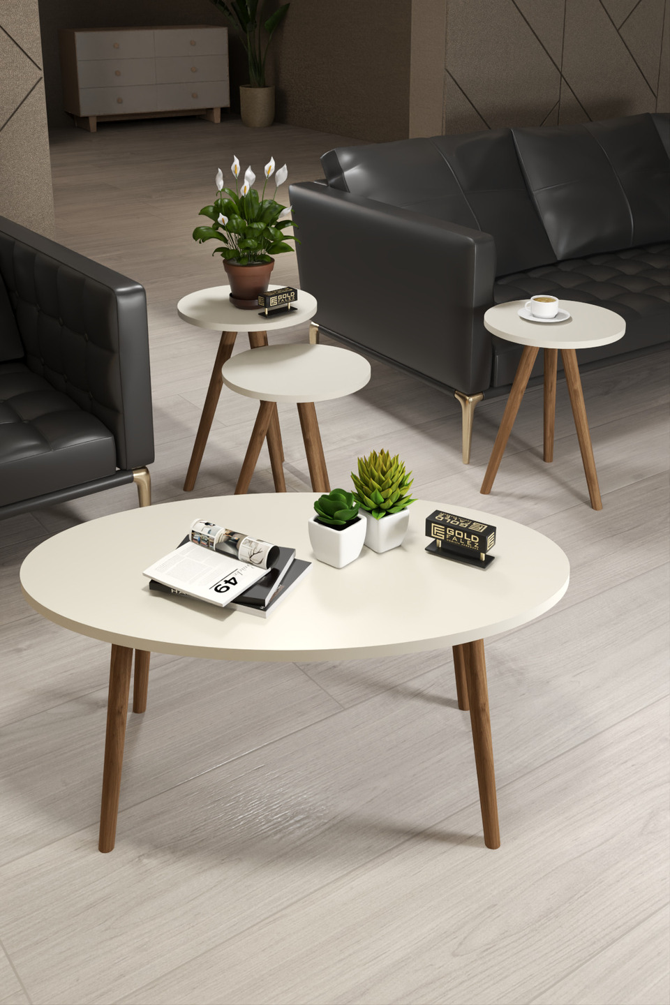 Set di tavolini ellittici con gambe tornite 4