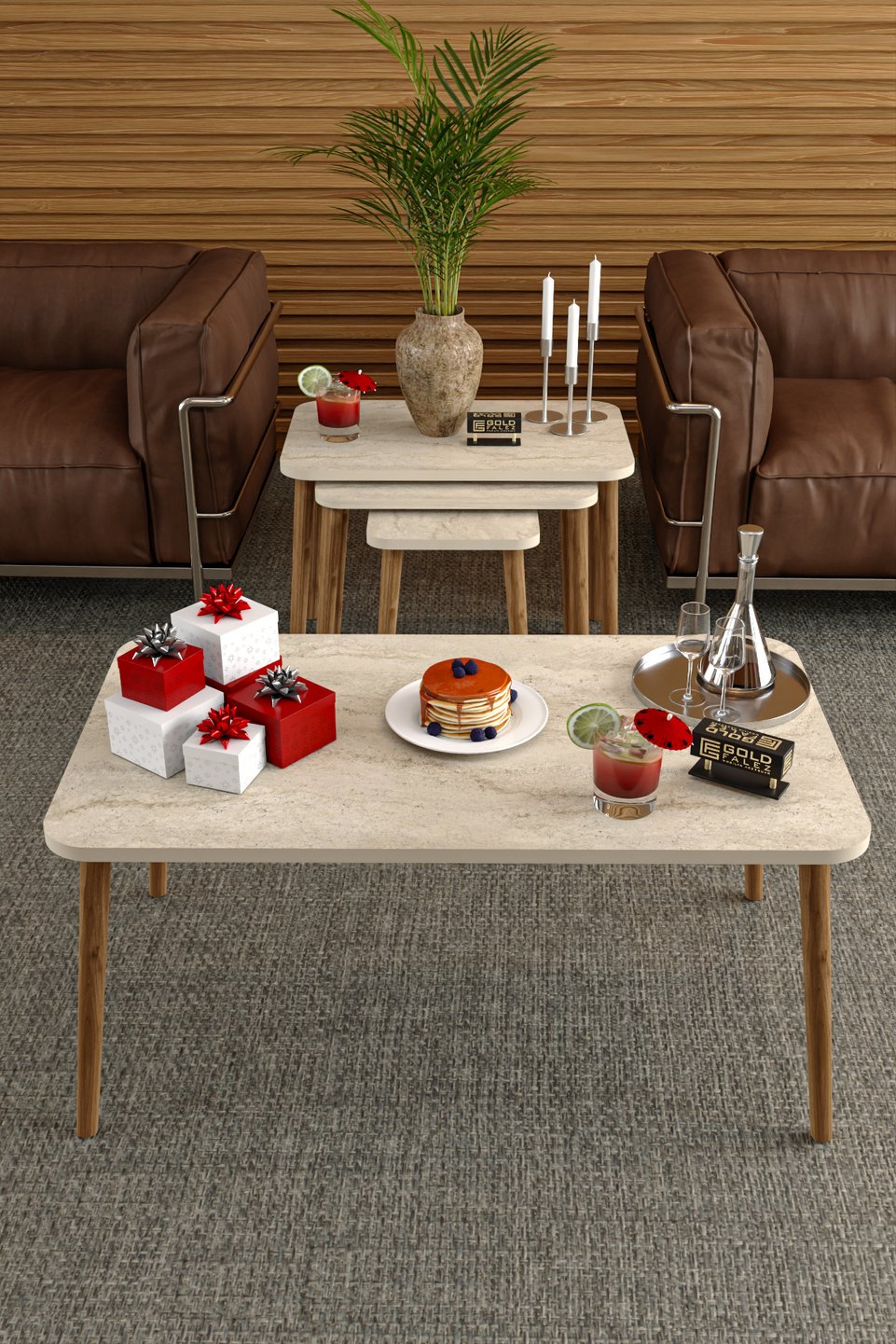 Set di tavolini da salotto con gambe tornite – Beige
