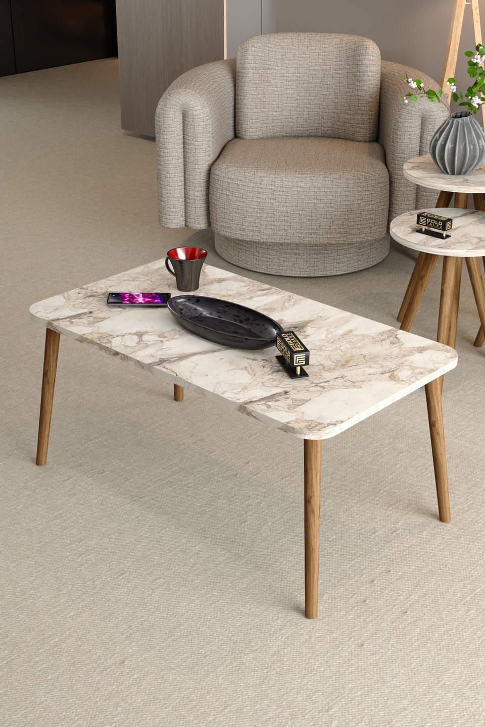 Table basse carrée à pieds tournés – Marbre blanc