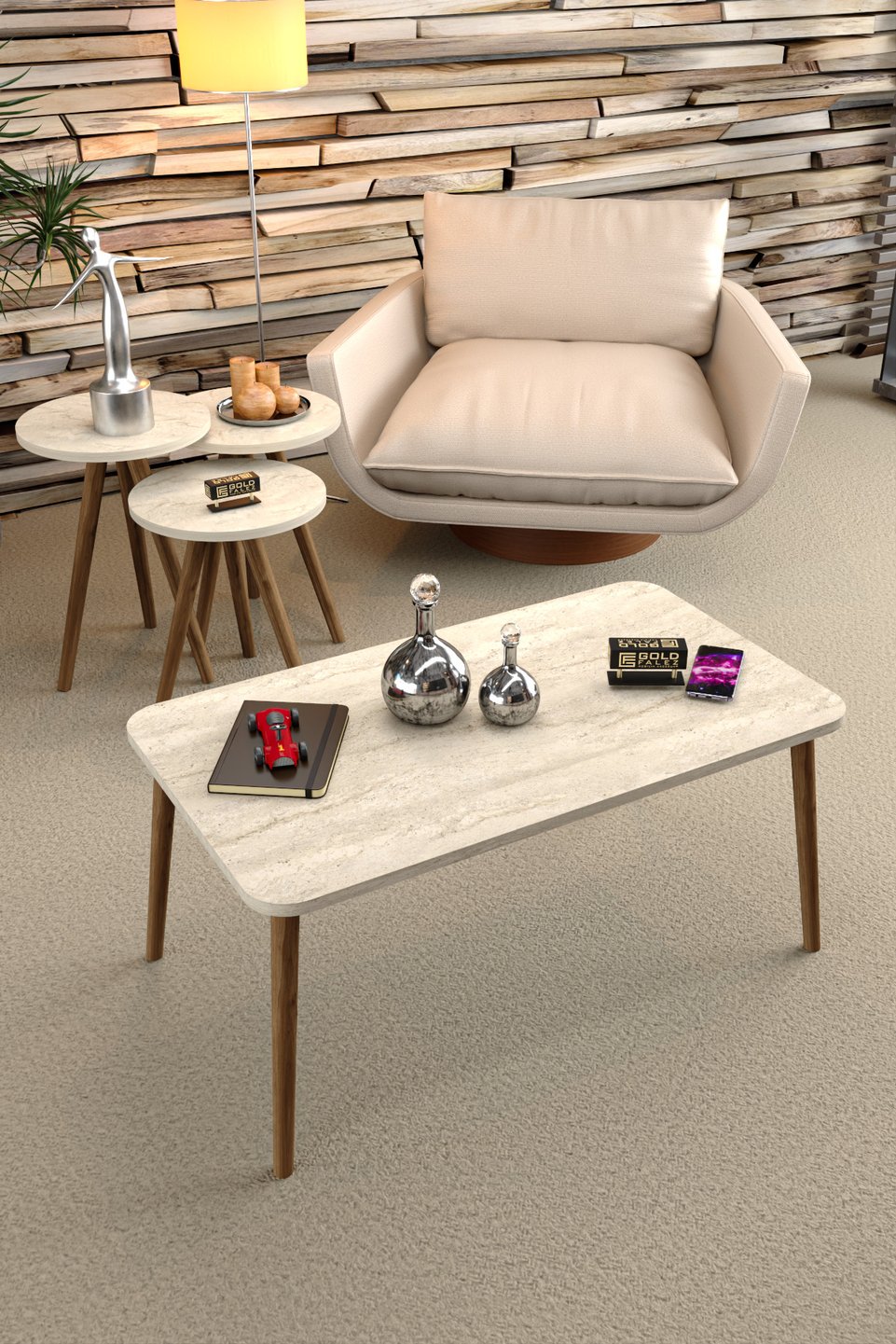 Coffee Table Set with Turned Legs – Beige