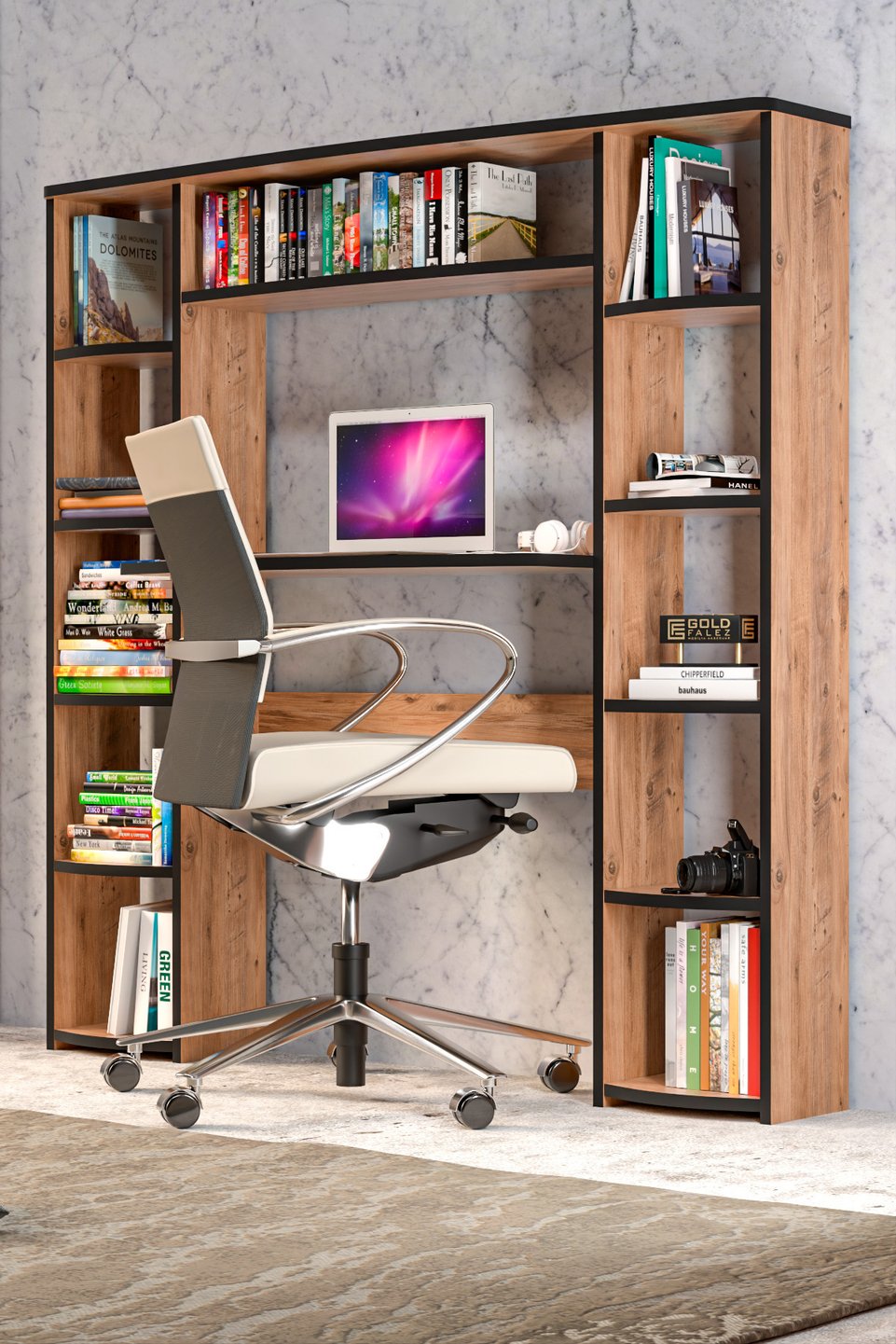 Bureau avec bibliothèque à 10 étagères – Marron