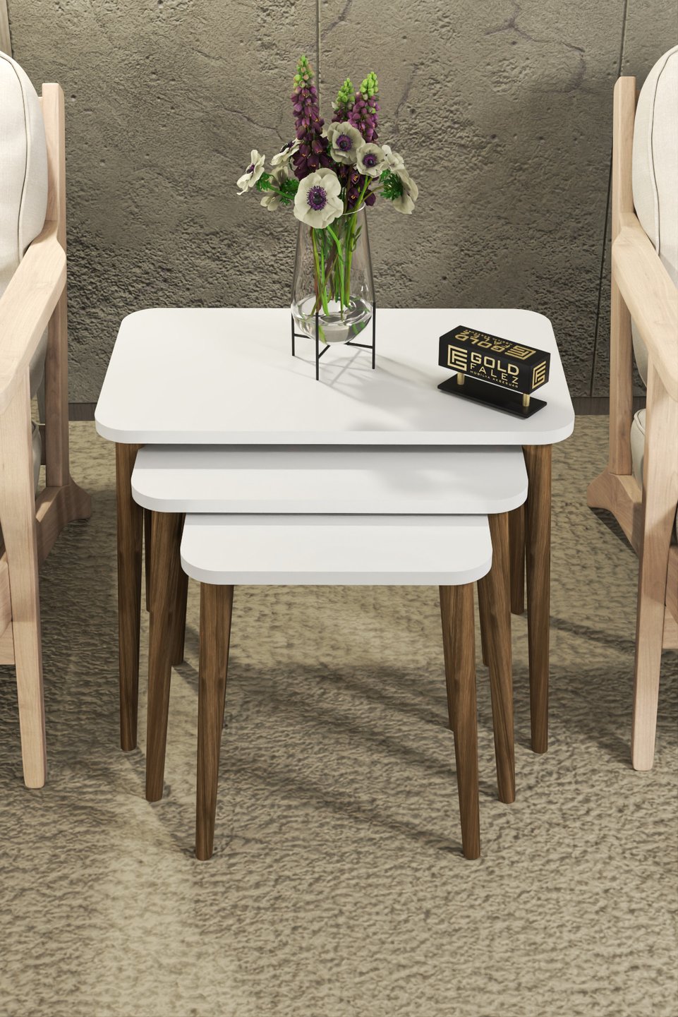 Set di tavolini a nido con gambe in legno massello – Set da 3 · Bianco