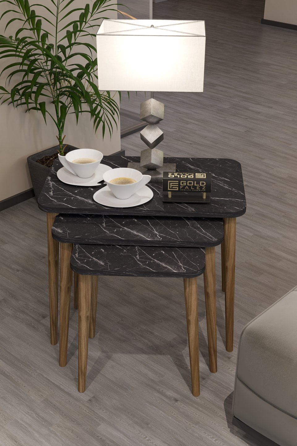 Set di tavolini a nido con gambe tornite – Set da 3 · Nero