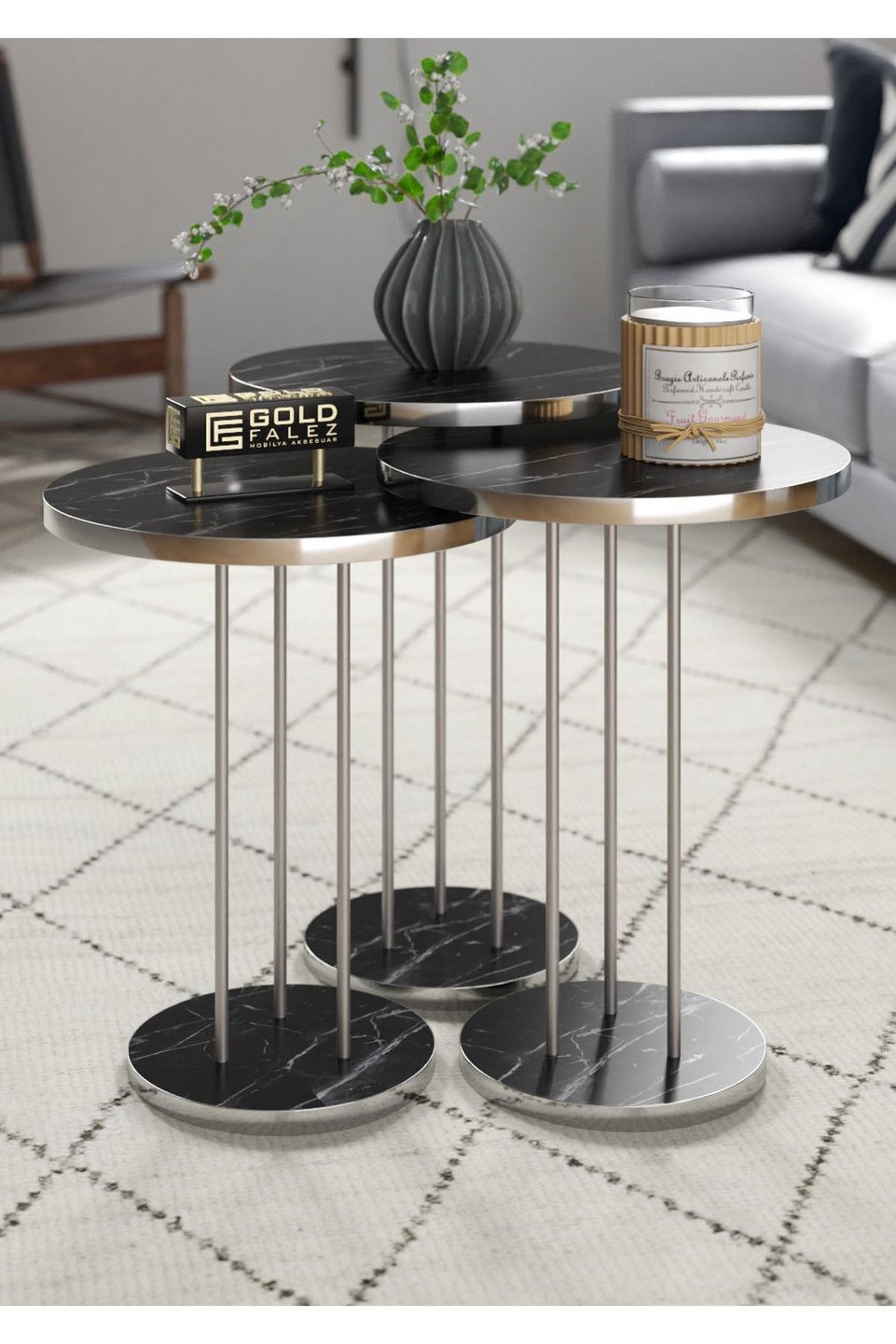 Satztische mit silbernen Metallbeinen – 3er-Set · Bendir Schwarz