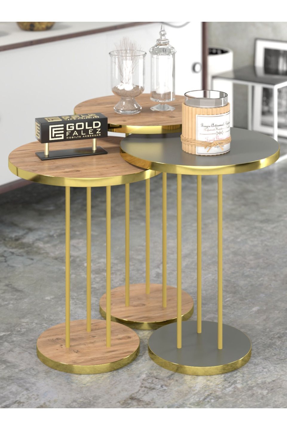 Nesting Tables with Gold Metal Legs – Set of 3 · Walnut