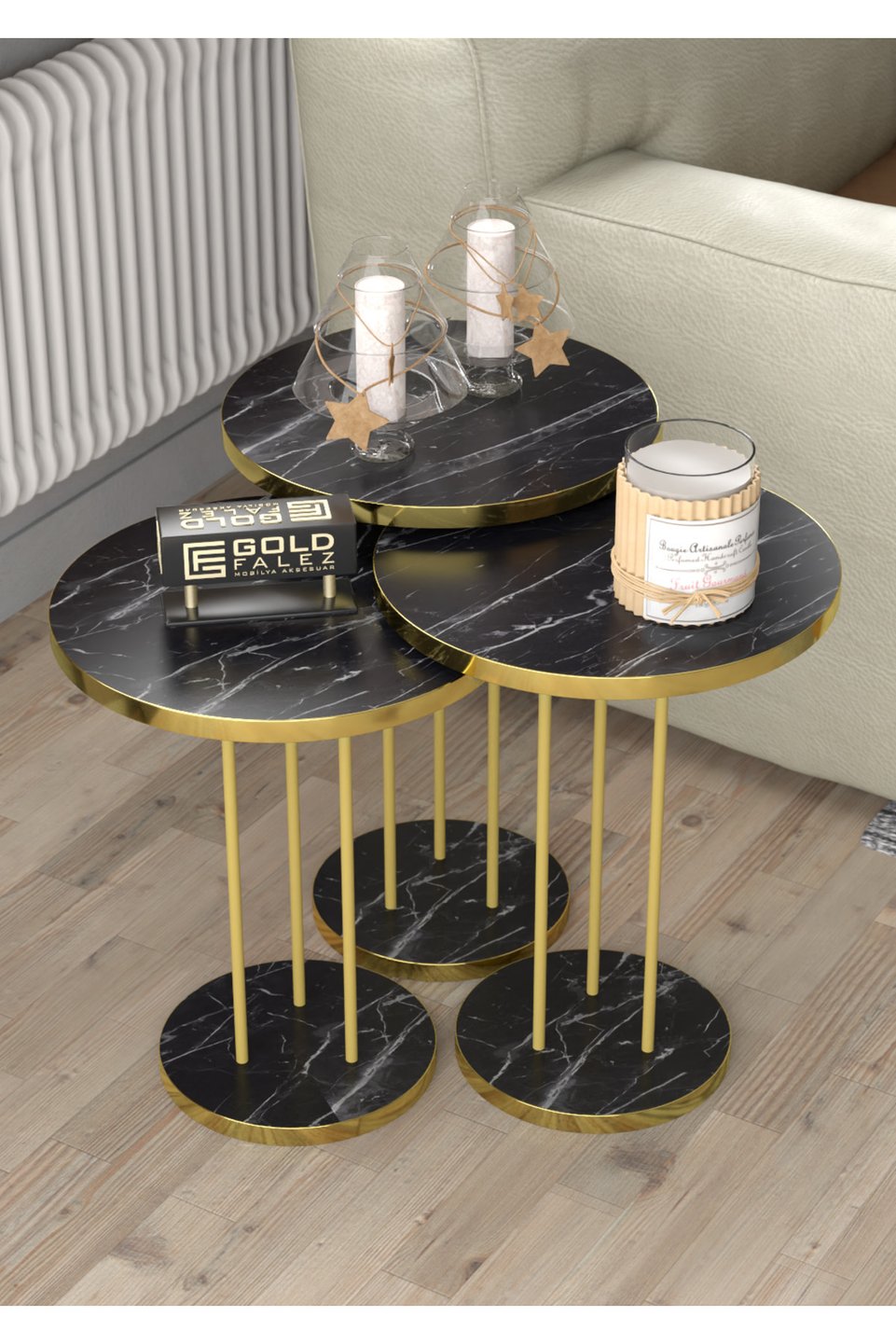 Tables gigognes à pieds en métal doré – Lot de 3 · Bendir noir