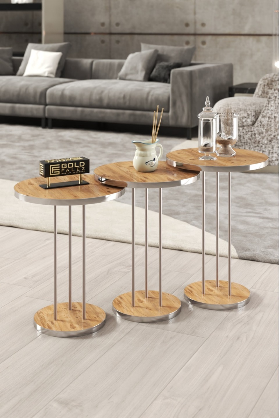 Gümüş Metal Ayaklı Zigon Sehpa – 3'li set · Ceviz