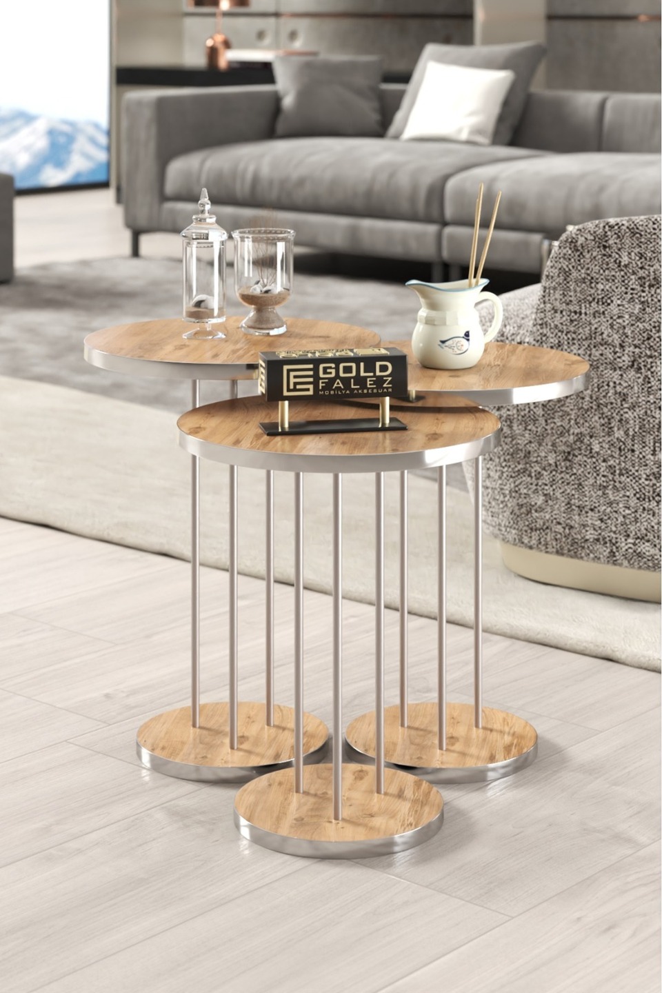 Gümüş Metal Ayaklı Zigon Sehpa 2