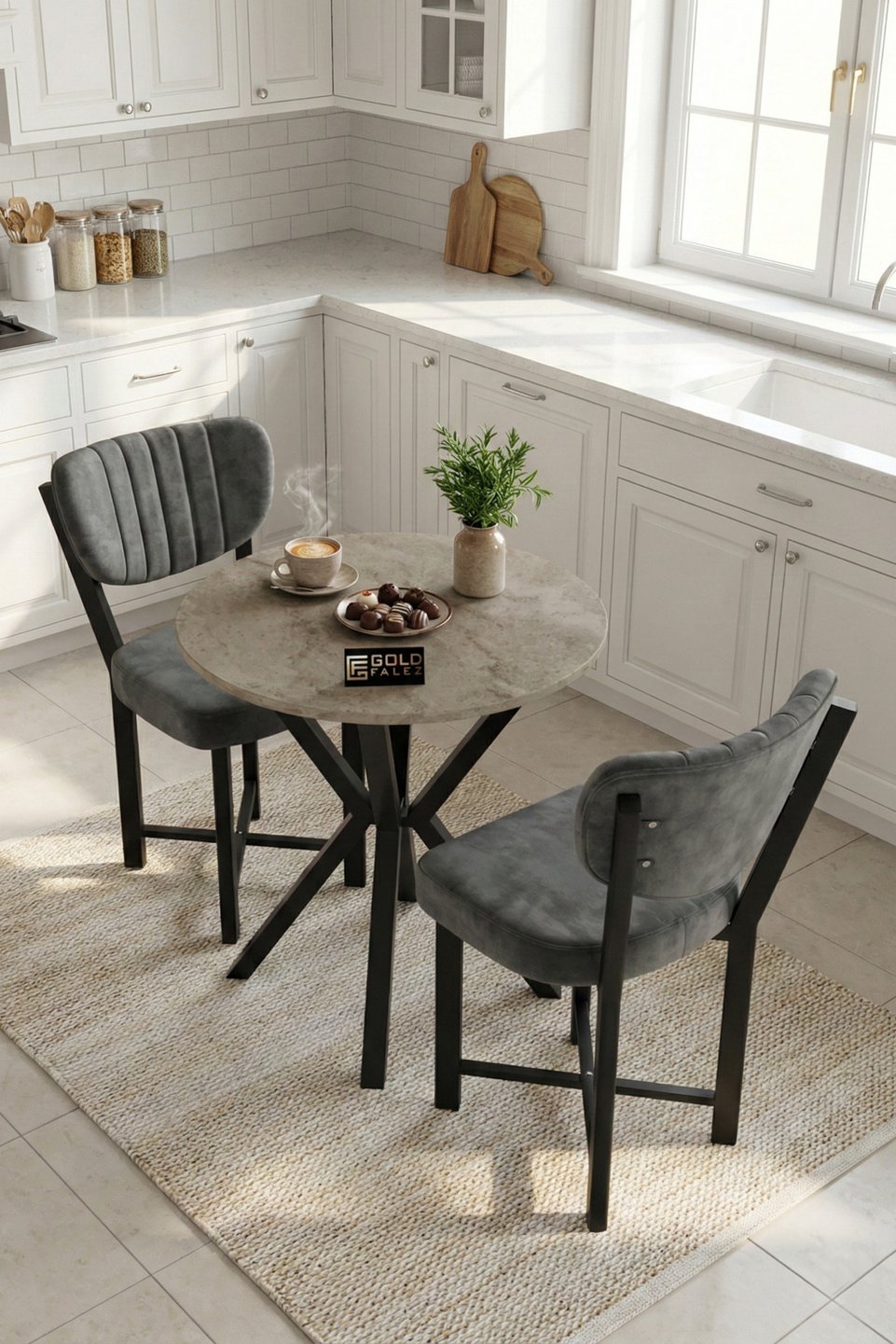 Elma Conjunto de mesa de cocina redonda – Travertino antracita