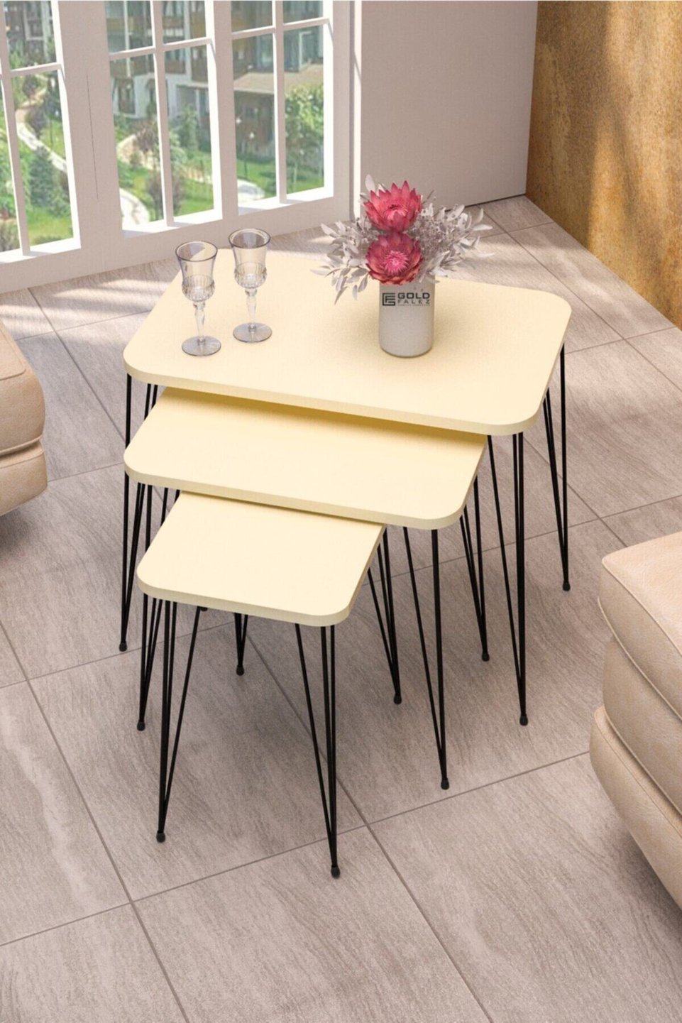 Nesttafels met draadpoten – Set van 3 · Beige crème