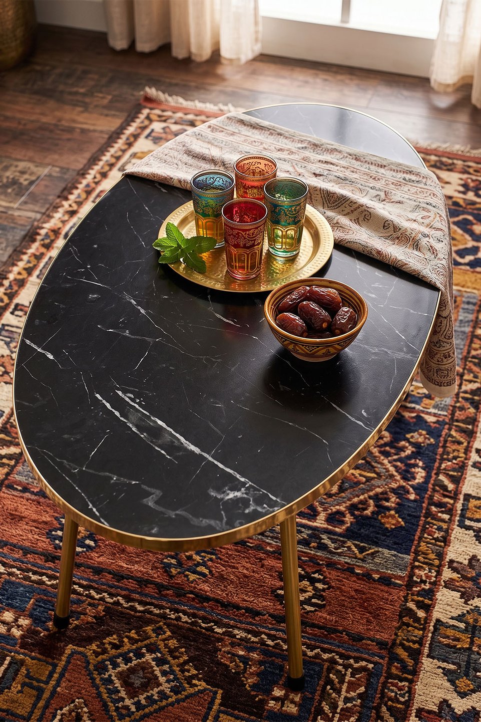 Table basse ovale à pieds dorés 3