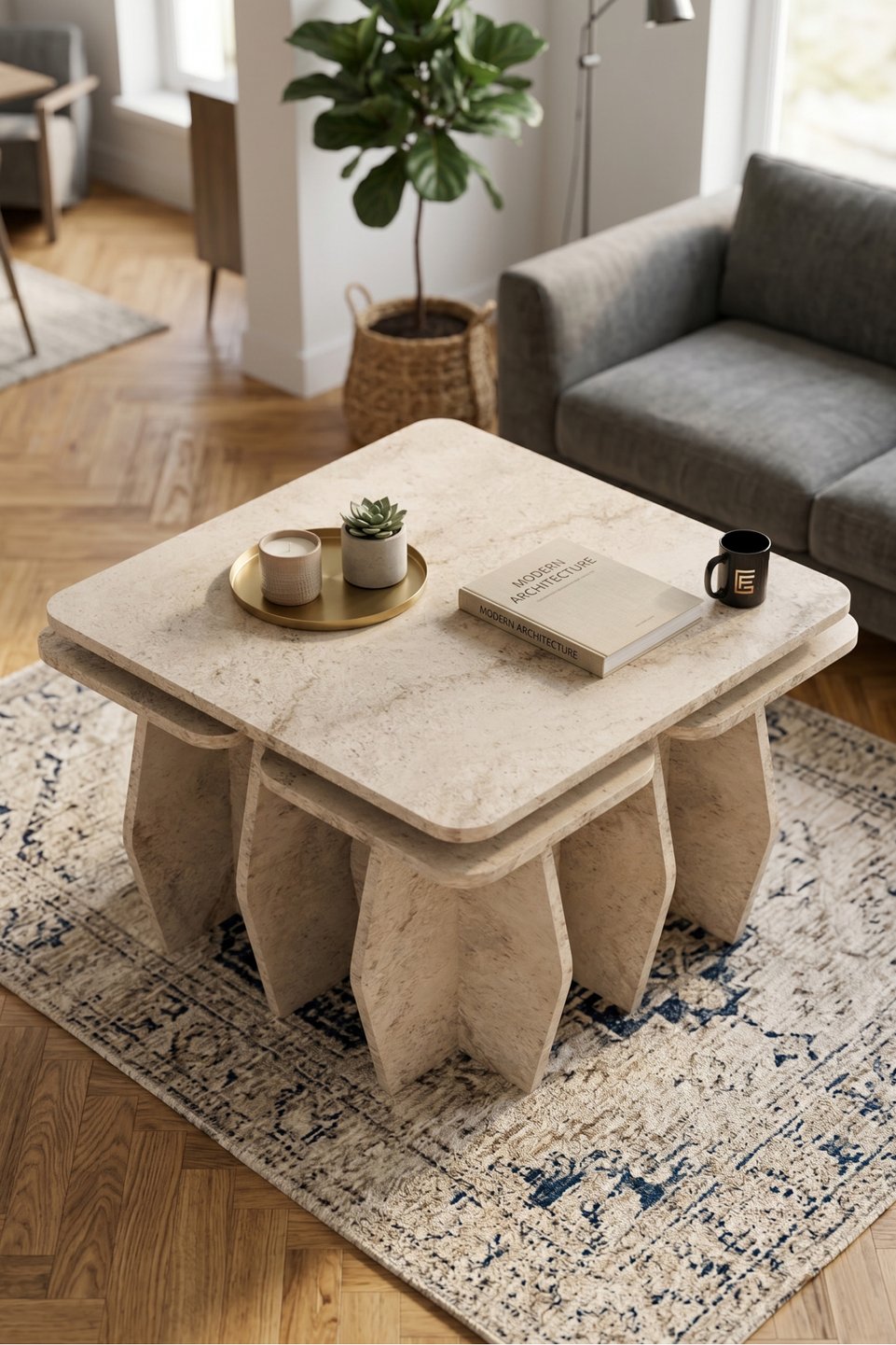 Set tavolino da salotto e tavolini a nido – Set da 5 · Travertino