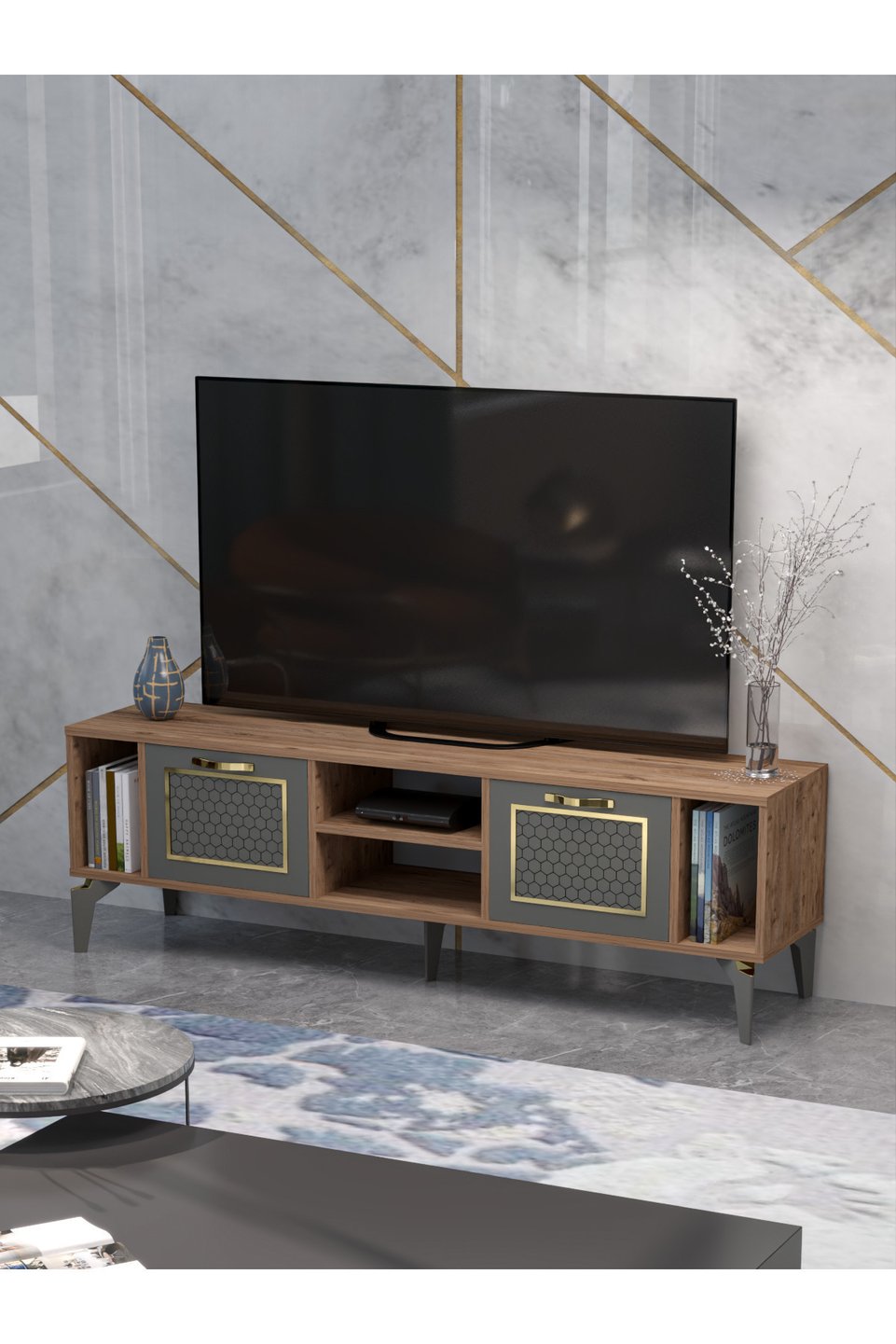 Linya Meuble TV à détails dorés – Marron