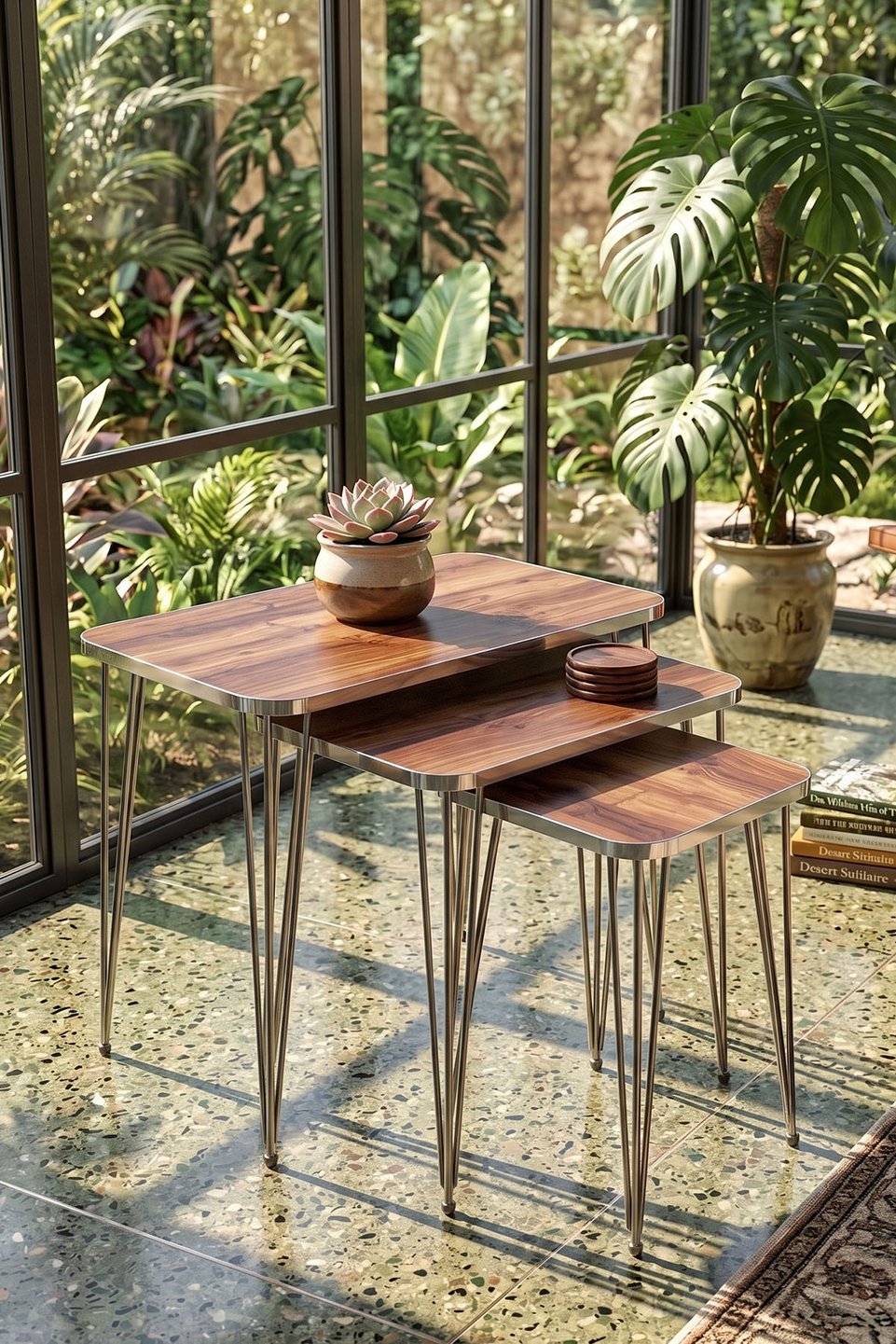 Mesas nido con patas de alambre plateado 7