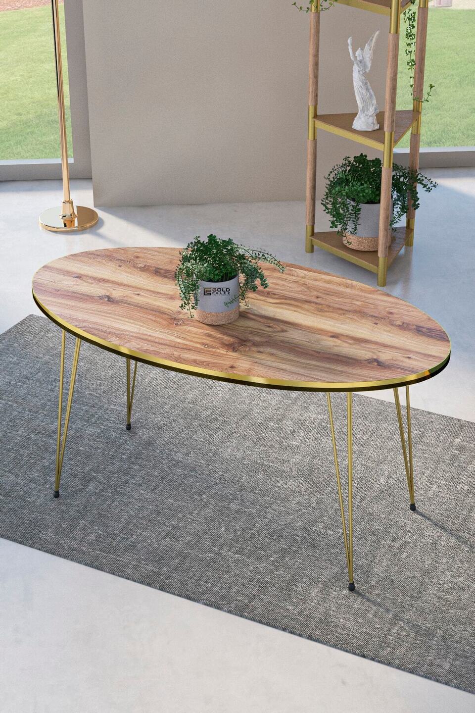 Tavolino da salotto ellittico a filo dorato – Set da 2 · Noce