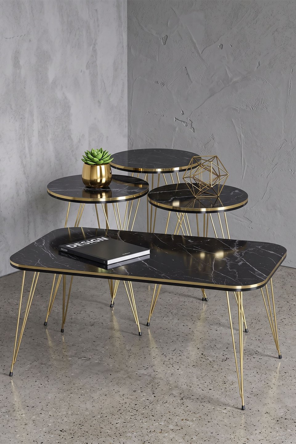 Conjunto de mesas com pés de arame dourado 3