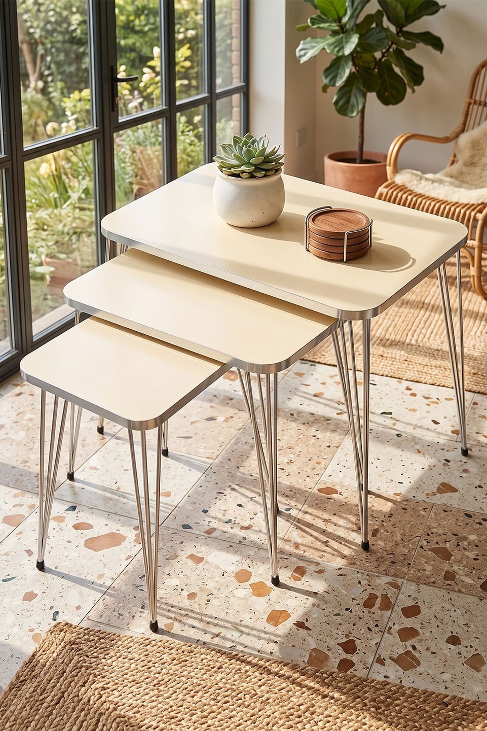 Tables gigognes à pieds en fil métallique doré 2