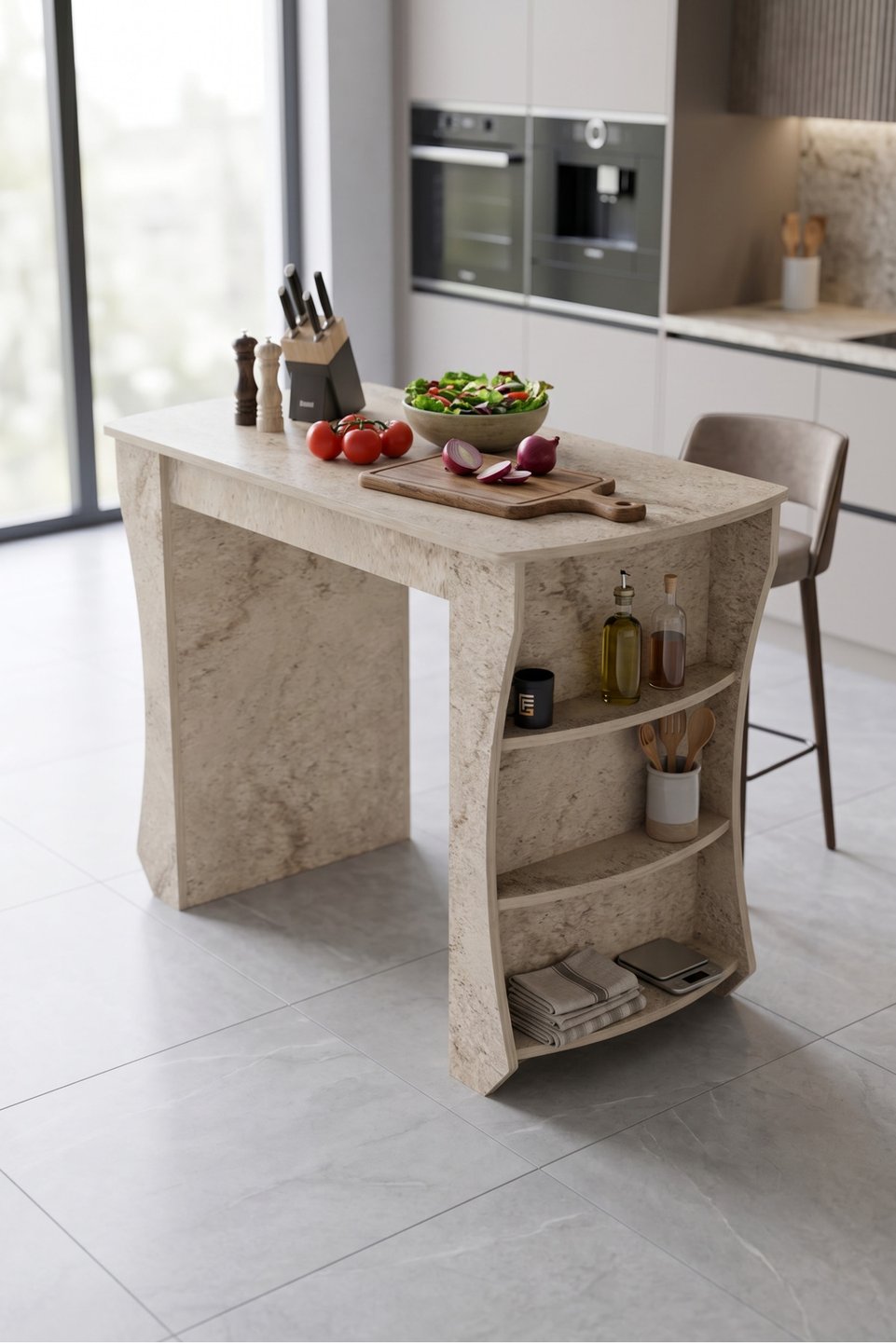 Tavolo bar isola da cucina con ripiani – Travertino