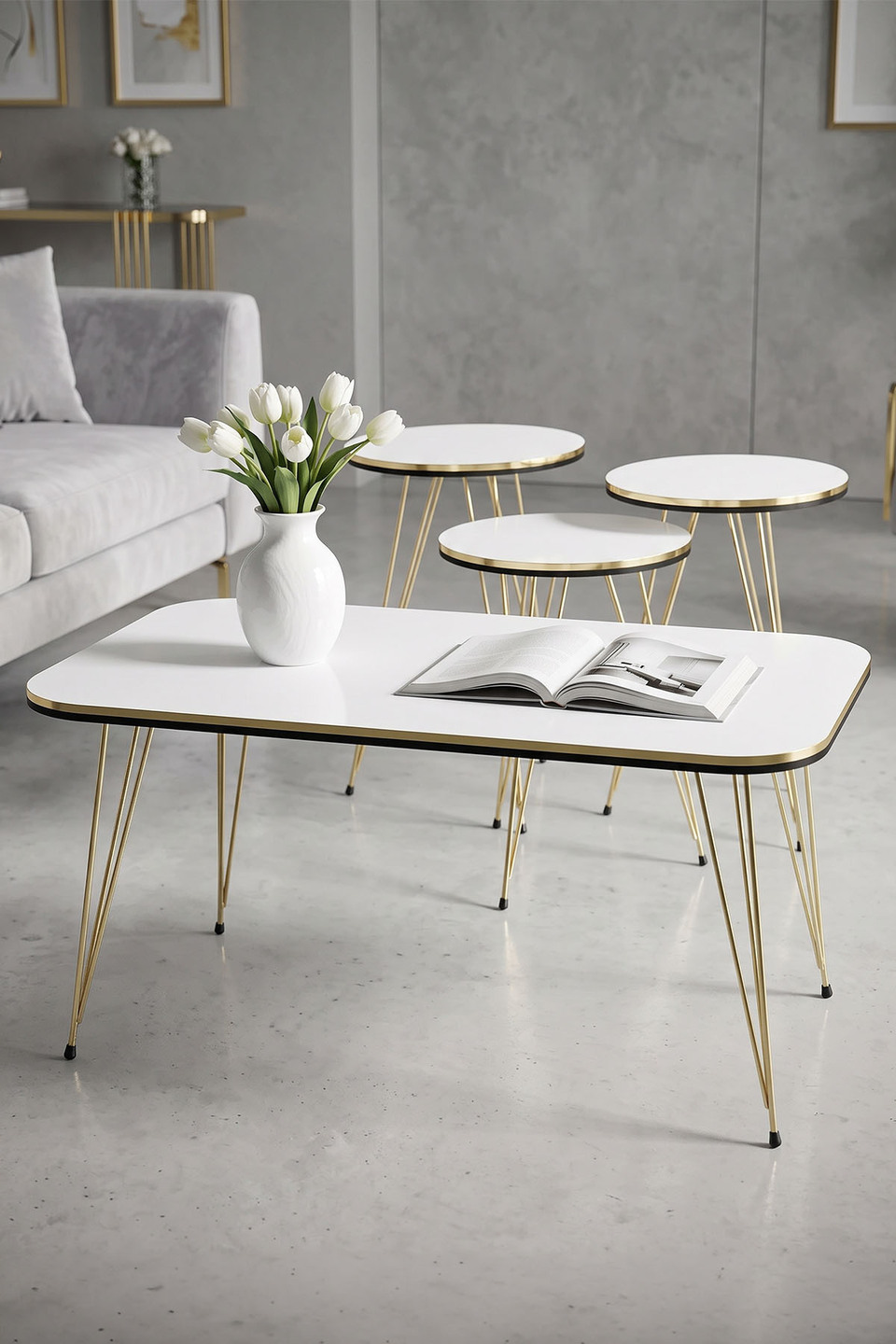 Gold Tel Ayaklı Sehpa Seti – 4'li set · Beyaz
