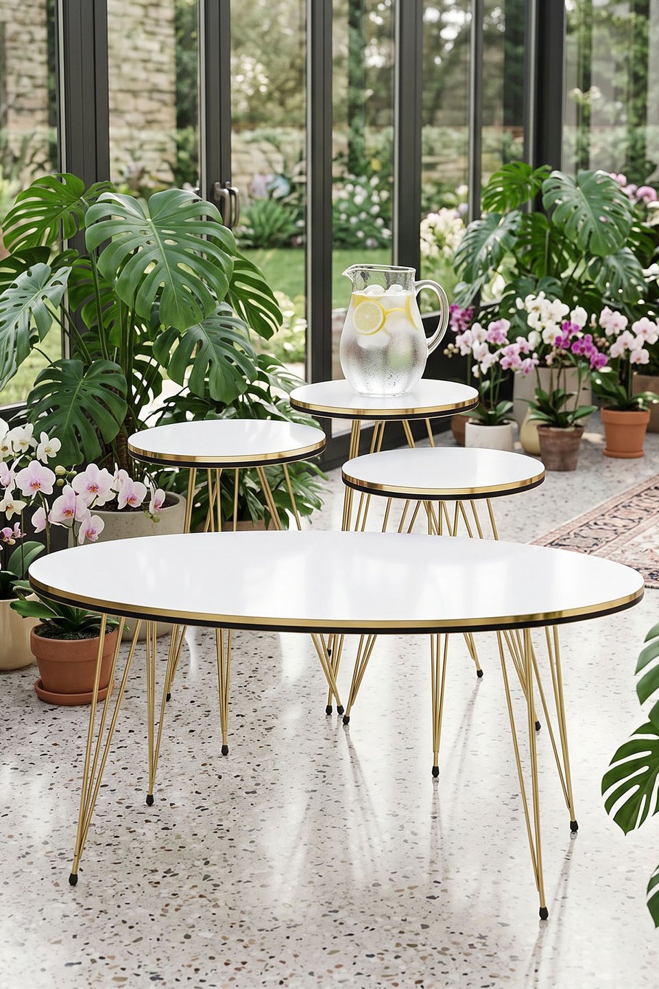 Conjunto de mesas com pés de arame dourado 5