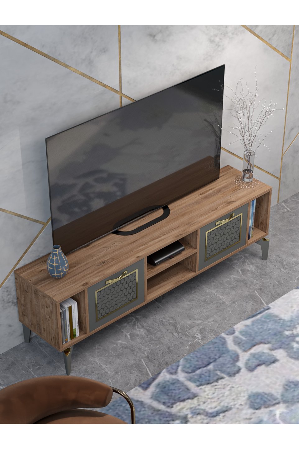 Linya Meuble TV à détails dorés 5