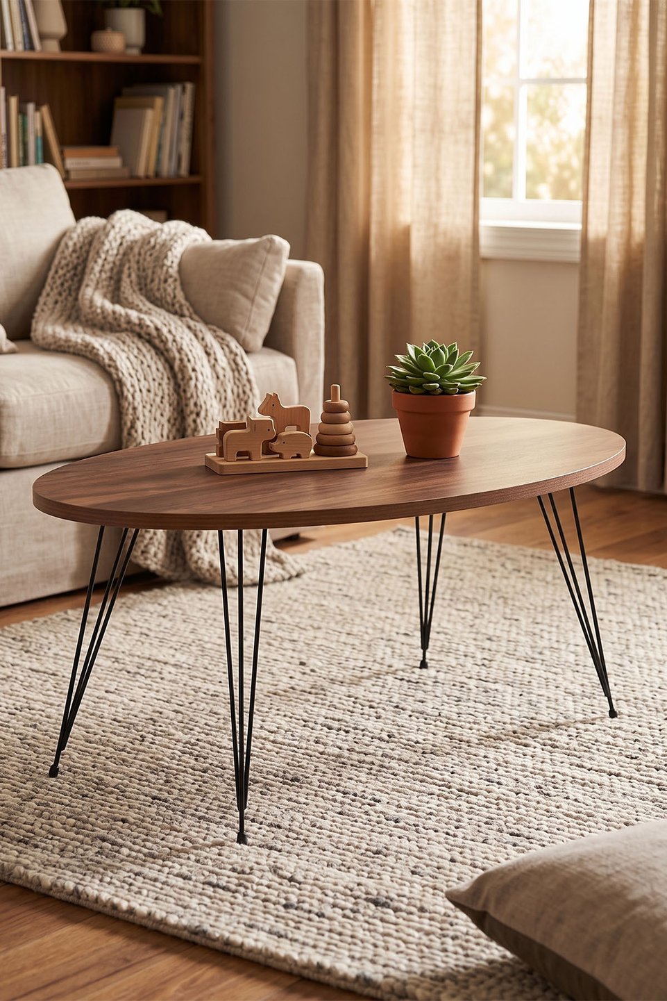 Oval Coffee Table with Wire Legs – Brown