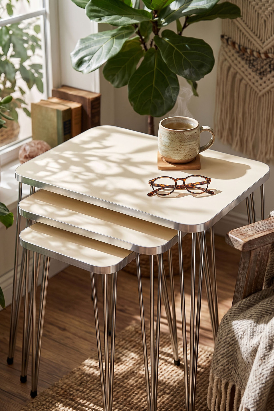 Tables gigognes à pieds en fil métallique doré 7