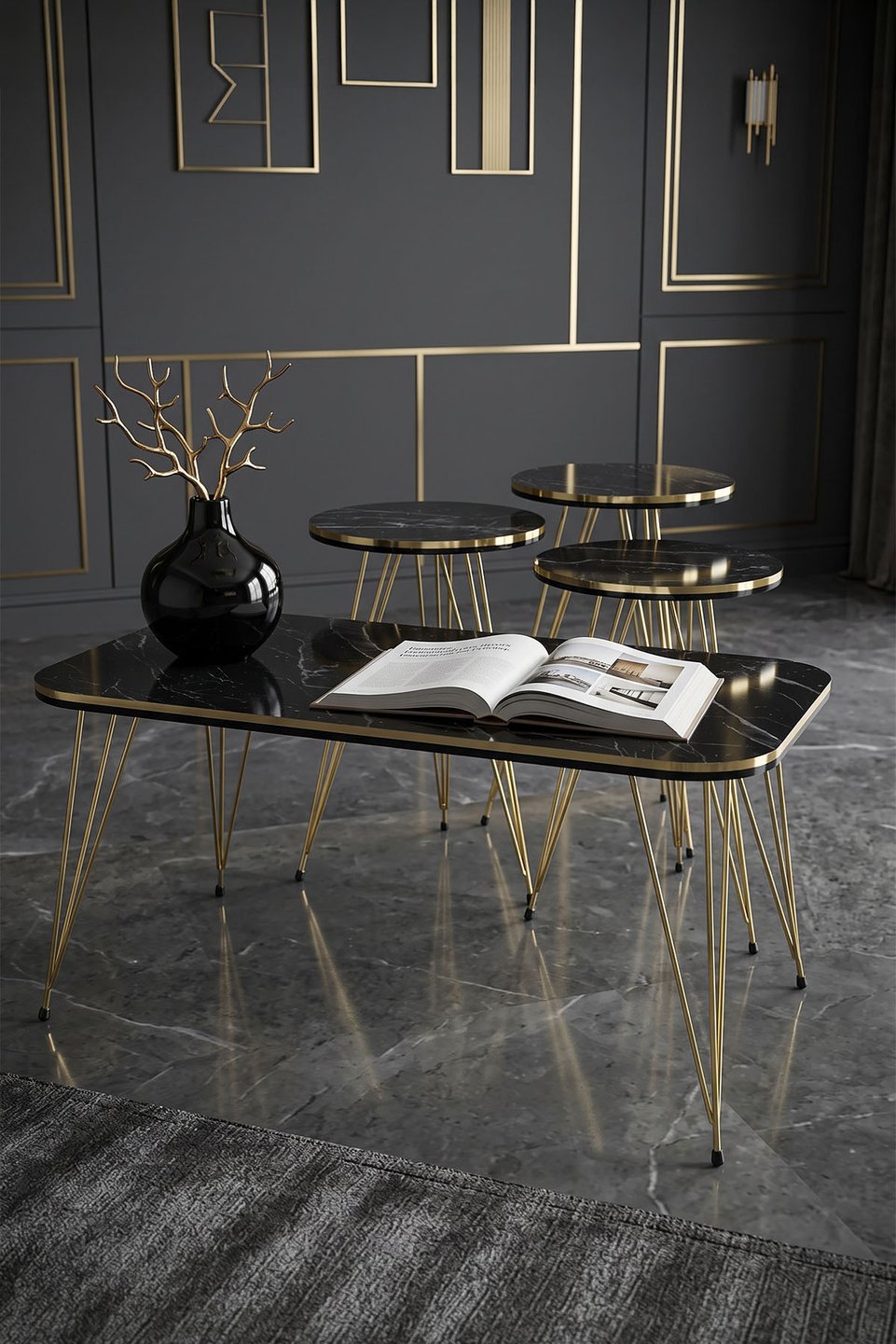 Conjunto de mesas com pés de arame dourado 4