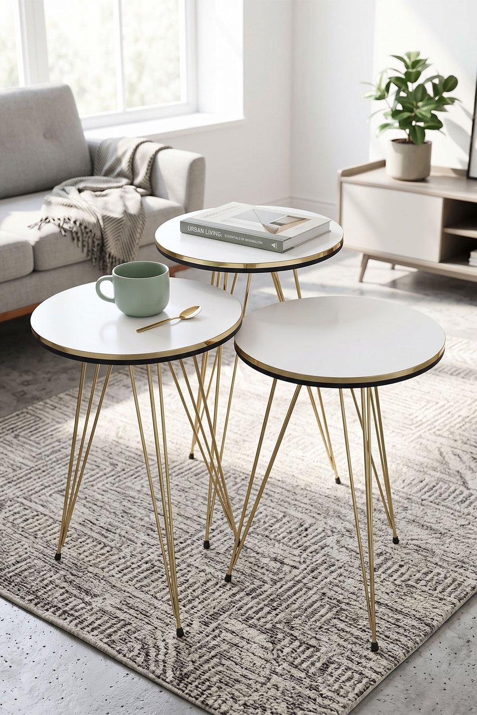 Nesttafels met gouden draadpoten – Set van 3 · Wit