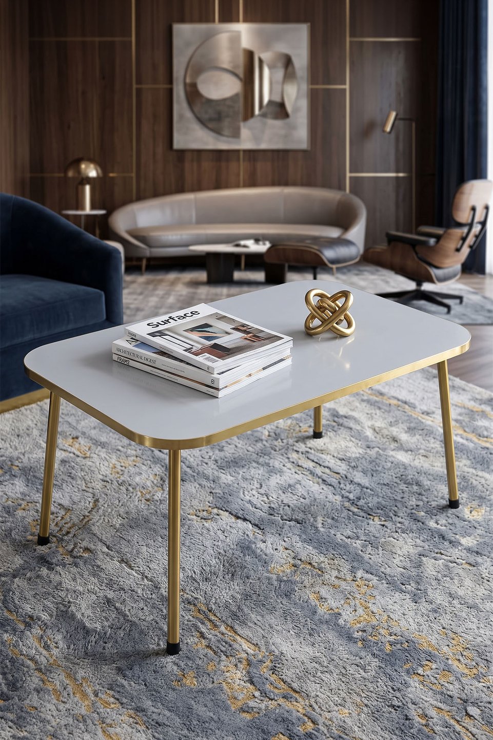 Mesa de centro rectangular con patas doradas 7