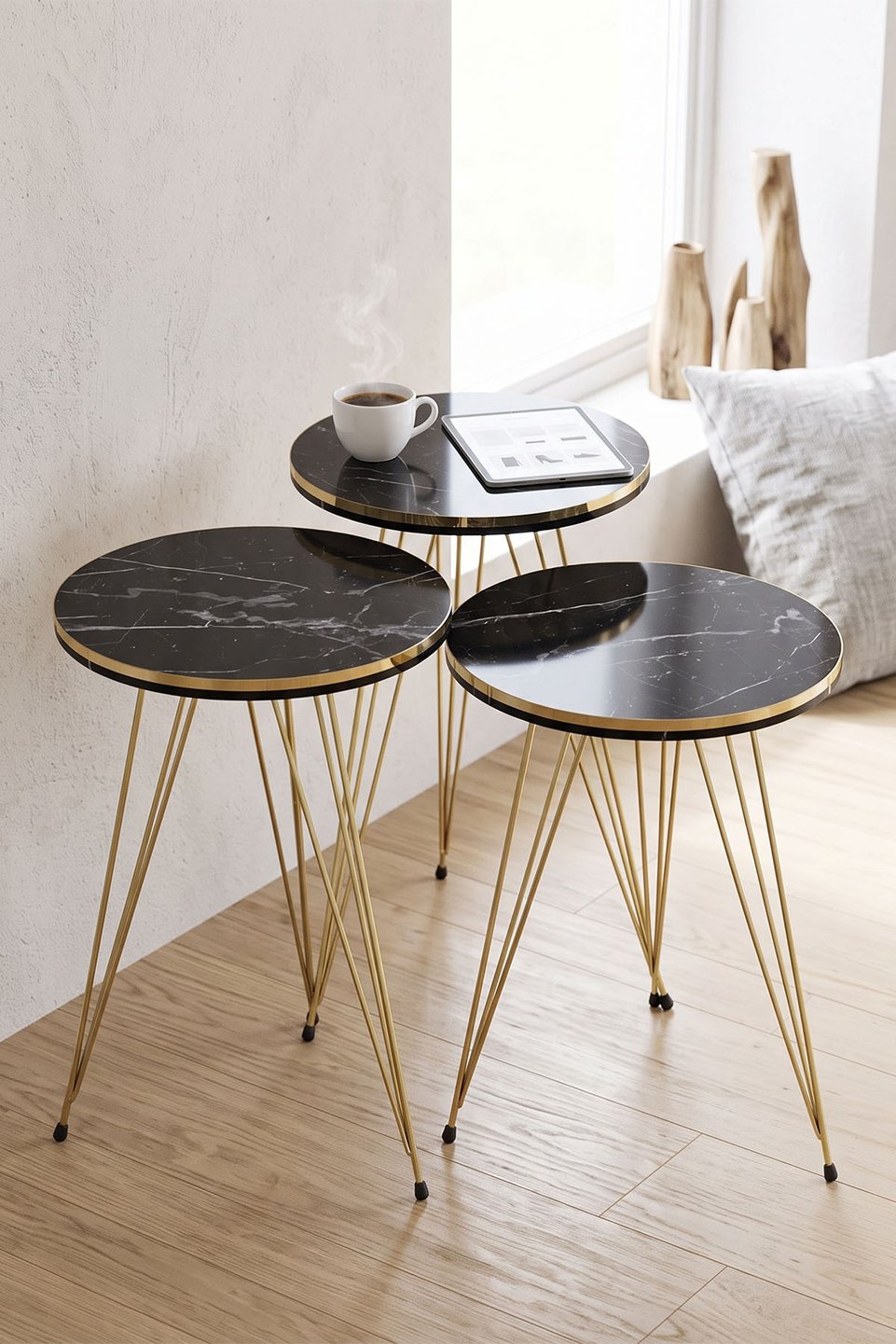 Gold Tel Ayaklı Zigon Sehpa – 3'li set · Bendir Siyah