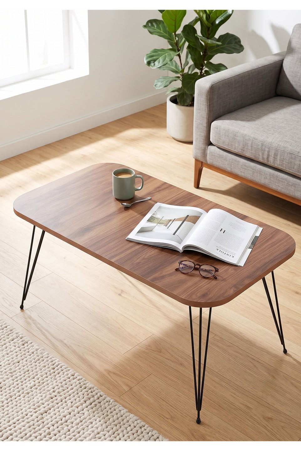 Mesa de centro rectangular con patas de alambre – Nogal
