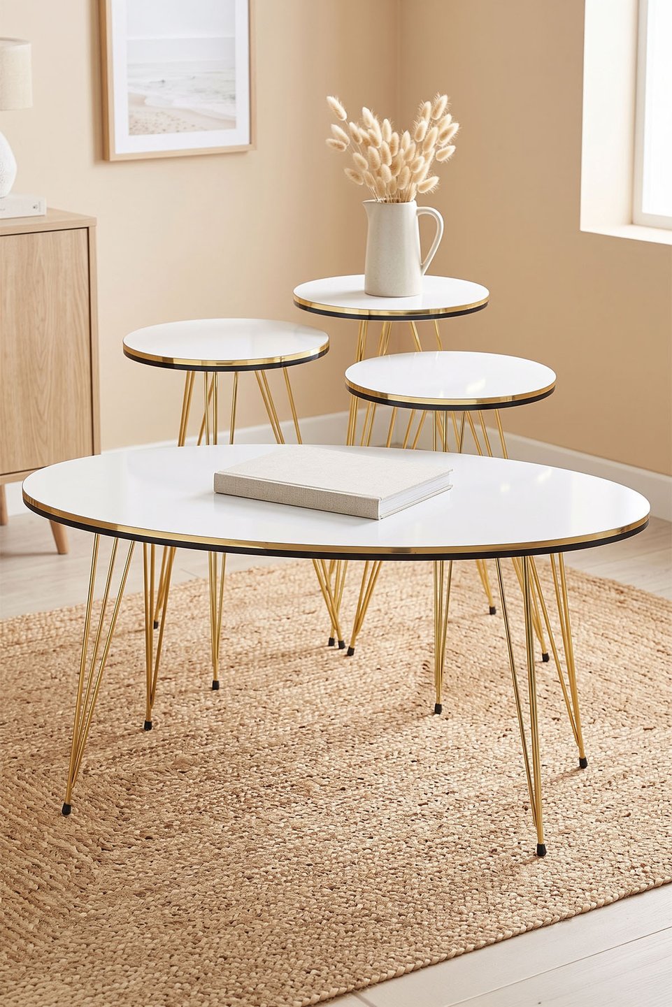 Conjunto de mesas com pés de arame dourado – Conjunto de 4 · Branco