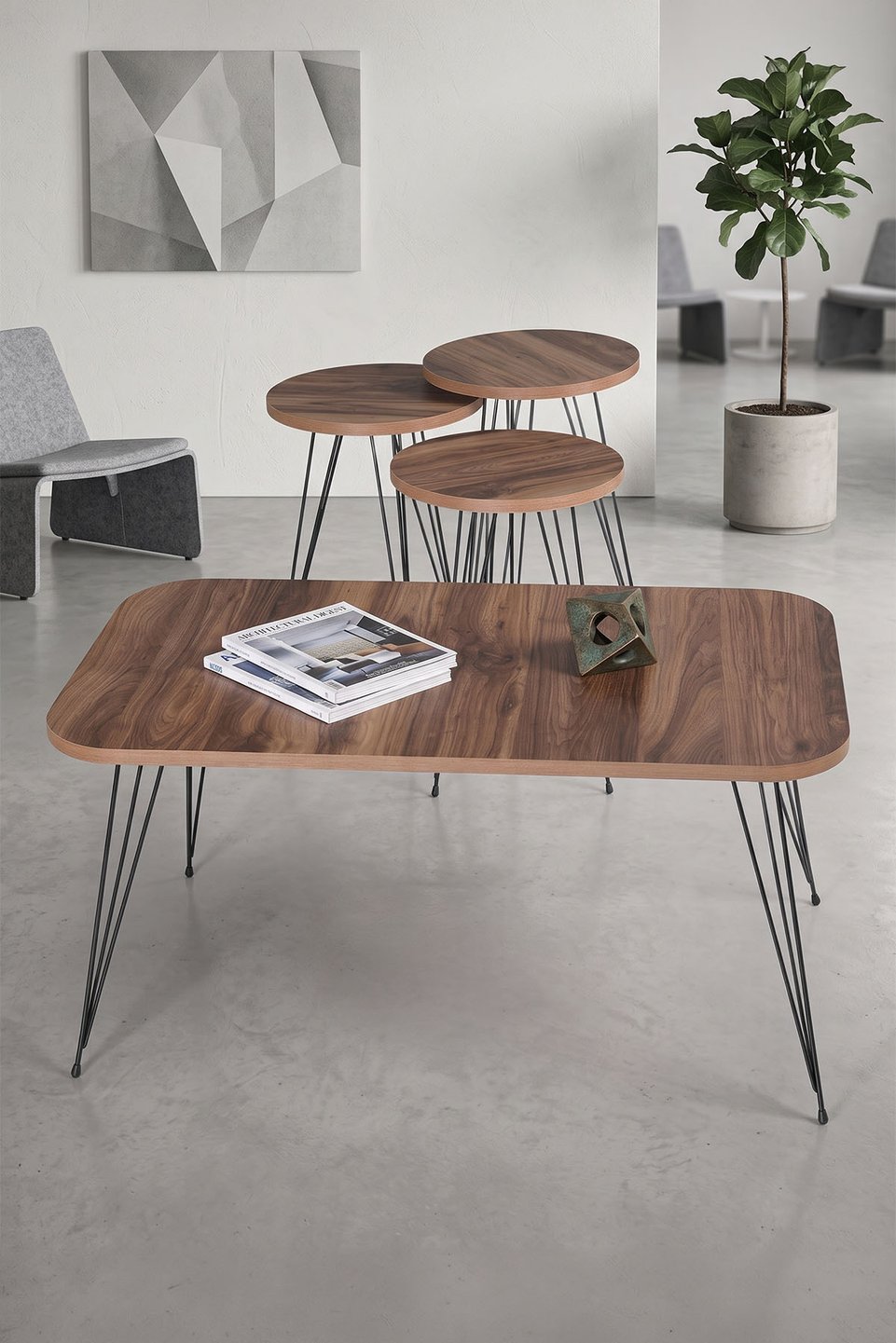 Metal Tel Ayaklı Sehpa Seti – 4'li set · Ceviz