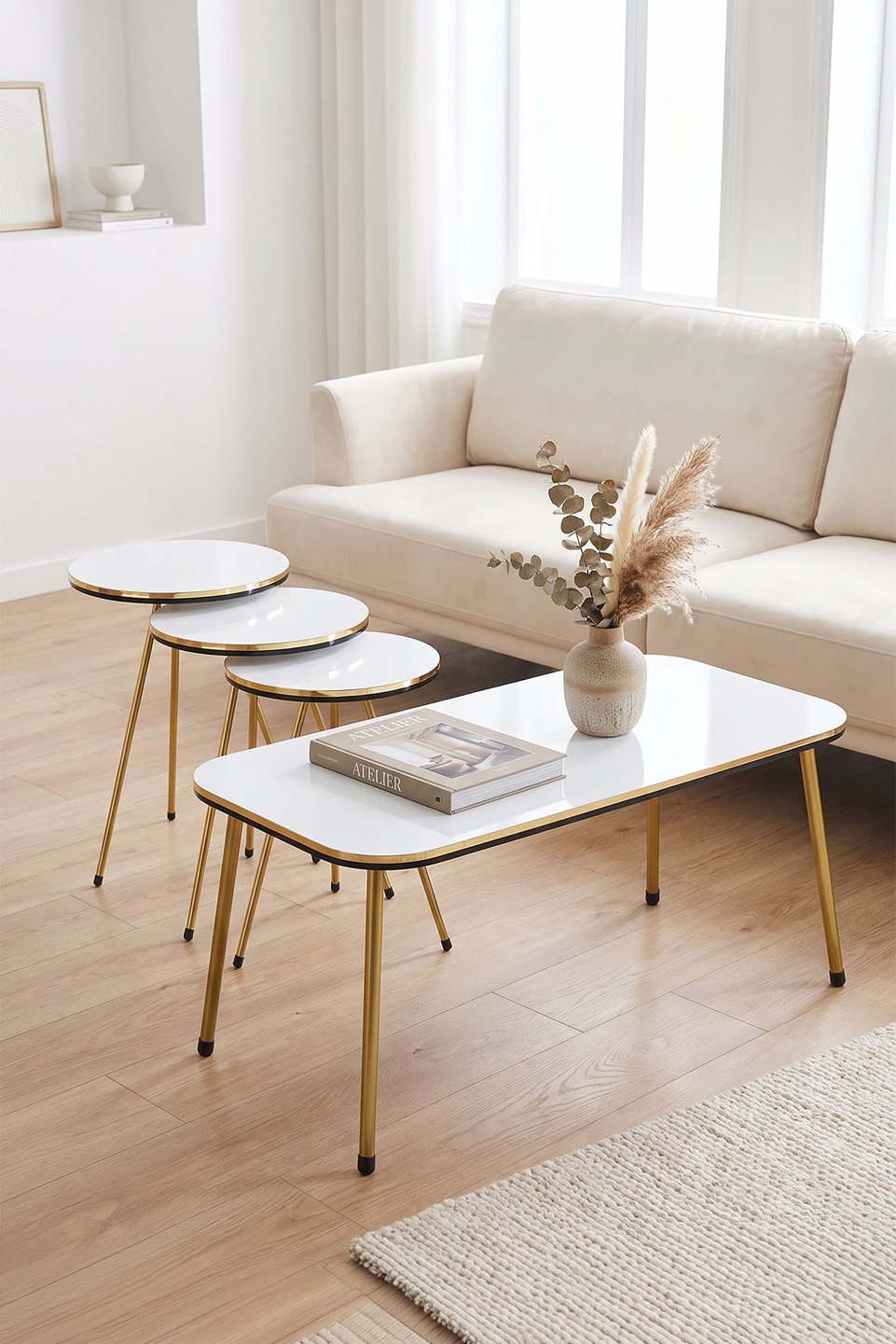 Ensemble de tables à pieds en métal doré – Lot de 4 · Blanc
