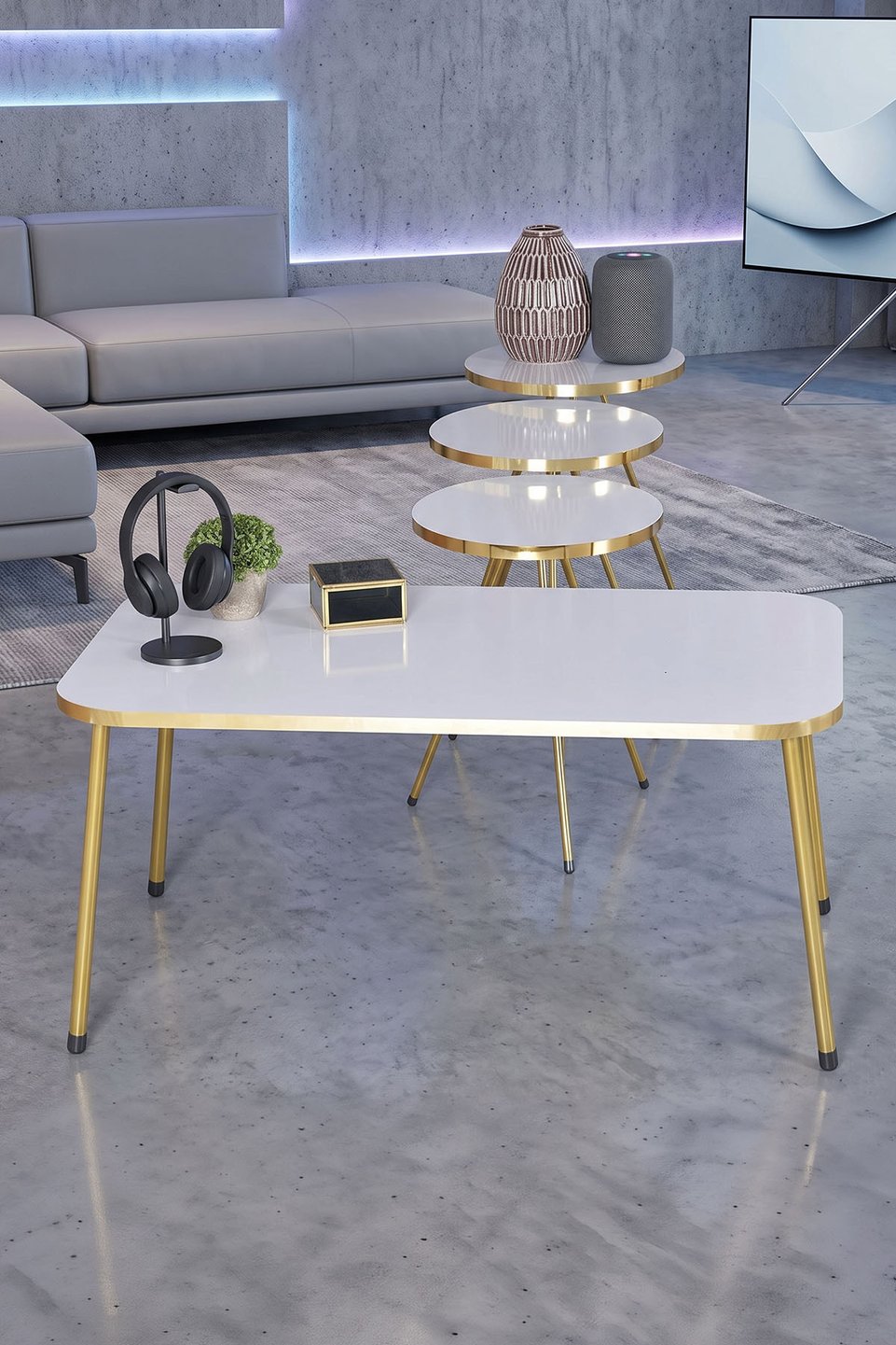 Juego de mesas con patas de metal dorado 3